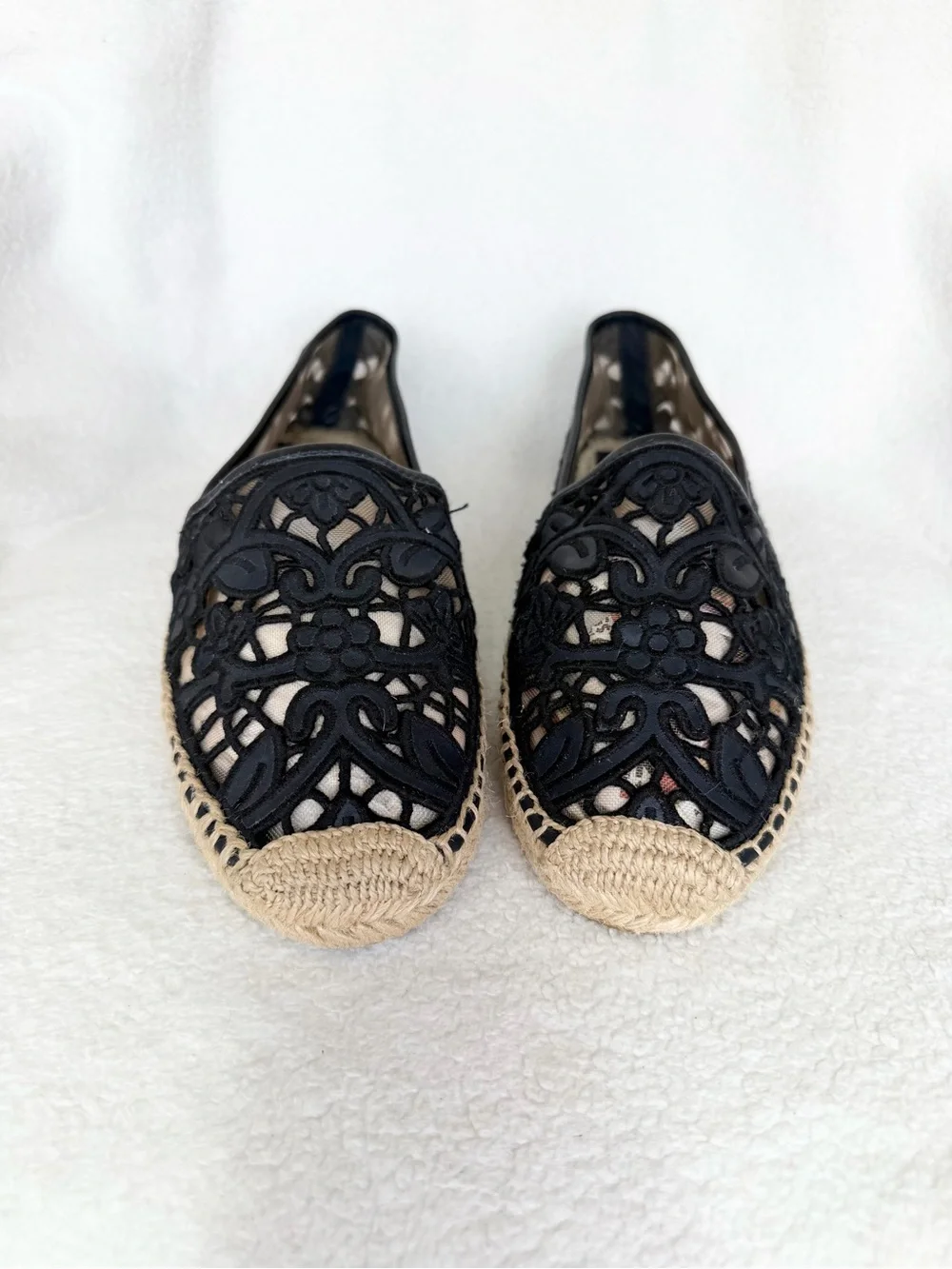 Tory Burch Black Cotton Lace and Leather Jackie Espadrilles 10.5